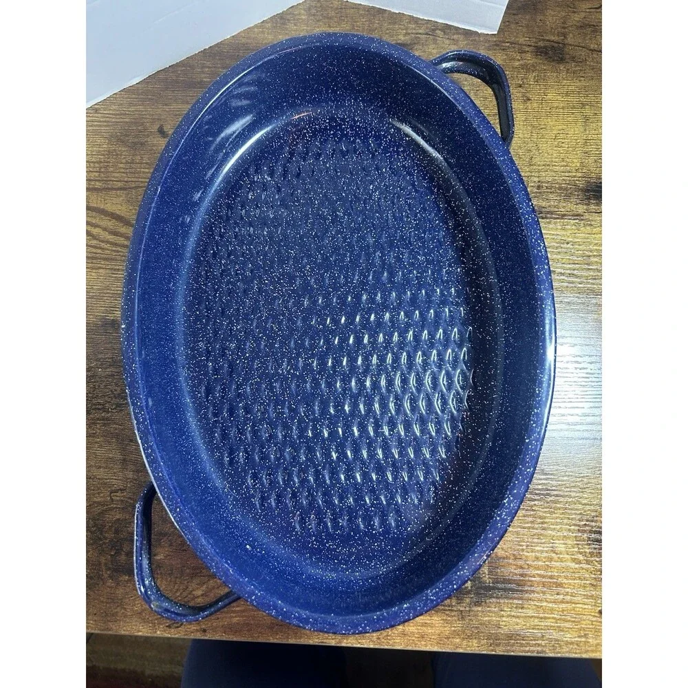 Vintage Blue Speckled Enamel Roasting Pan 14x9.5 Oval w/ Handles Bakeware